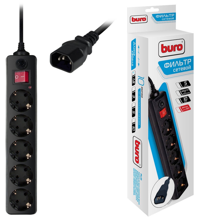 Сетевой фильтр Buro (500SH-1.8-UPS-B) 1.8м (5 розеток) для ИБП (черный)