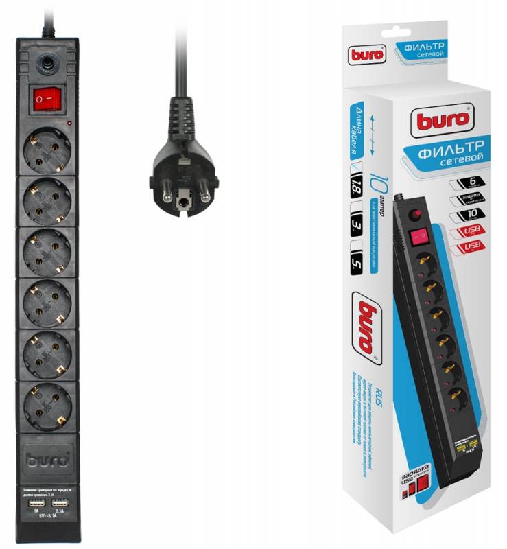 Сетевой фильтр Buro (BU-SP1.8_USB_2A-B) 1.8м (6 розеток) черный