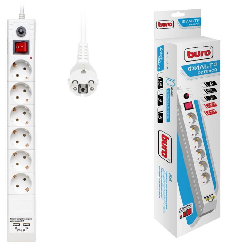 Сетевой фильтр Buro (BU-SP3_USB_2A-W) 3м (6 розеток) белый (коробка)